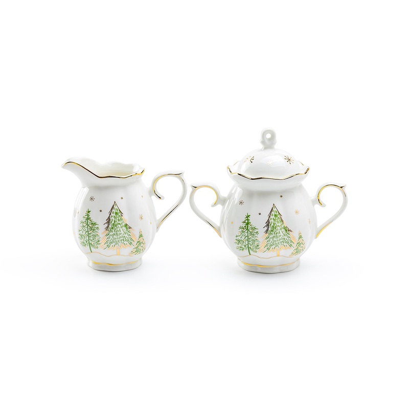 Christmas Pine Trees Fine Porcelain Sugar & Creamer Set