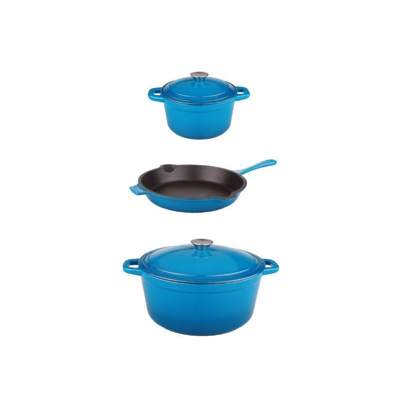 BergHOFF Neo 5pc Cast Iron Dutch Oven Set with 10″ Fry Pan, 3qt. & 5qt., Blue