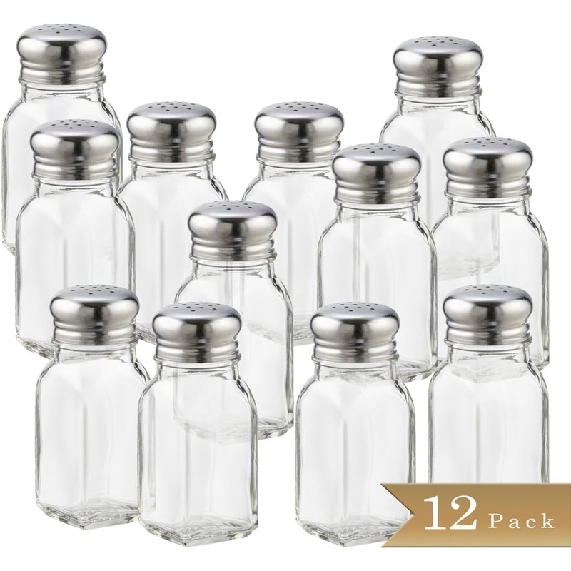 Classic Clear Glass Salt or Pepper Shakers with Stainless Steel Mushroom Tops Set of 12- Salt Shaker Stainless Lid-Glass Spice Jars Kitchen Accessories