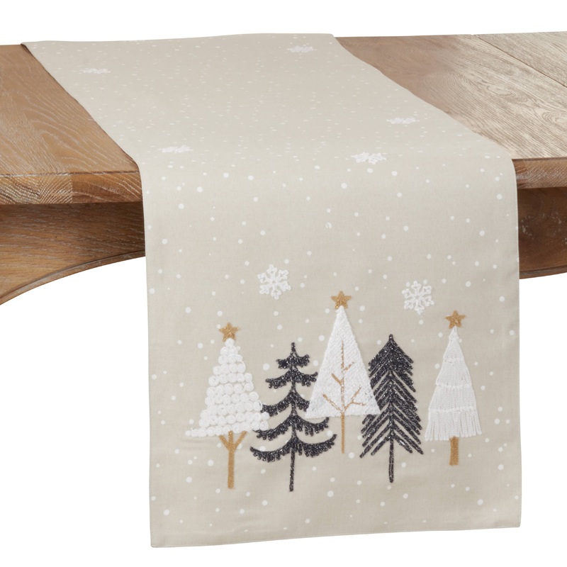Embroidered Christmas Trees Runner – Natural