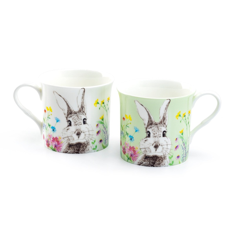 Green & White Flower Bunny Bone China Assorted Mugs