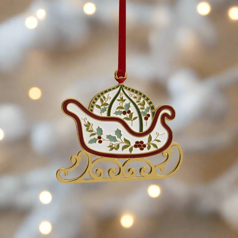 Winterberry Gold Plated Enamel Sleigh Christmas Ornament