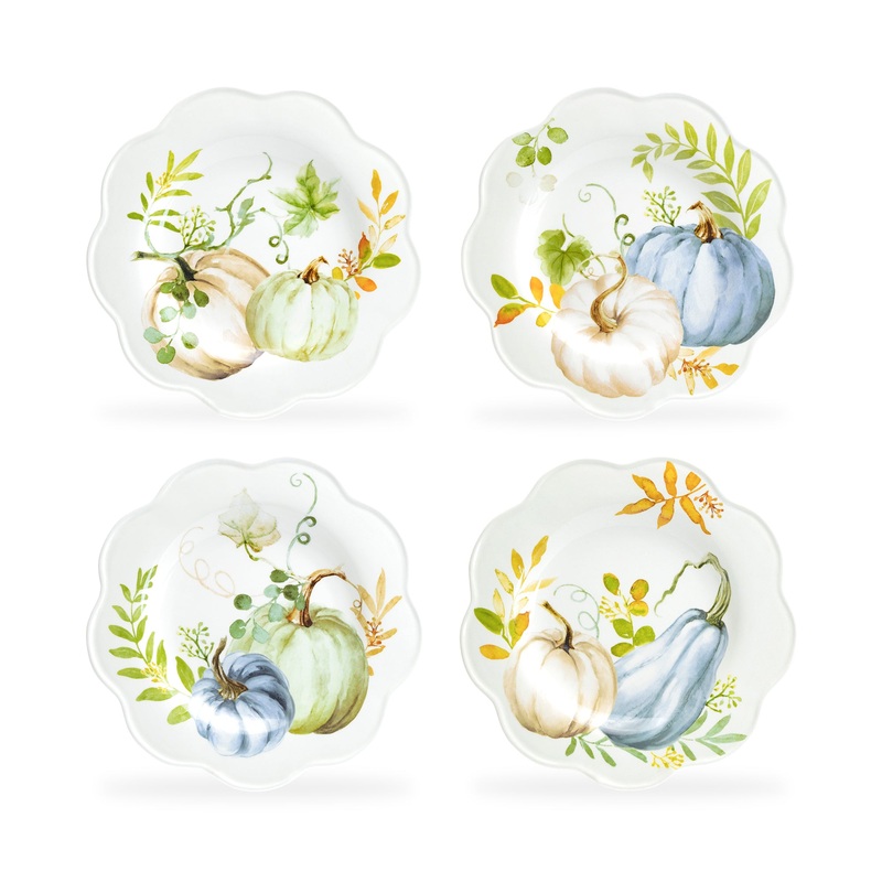 8.5″ Assorted Fall Pumpkins Scallop Salad/Dessert Plate Set of 4