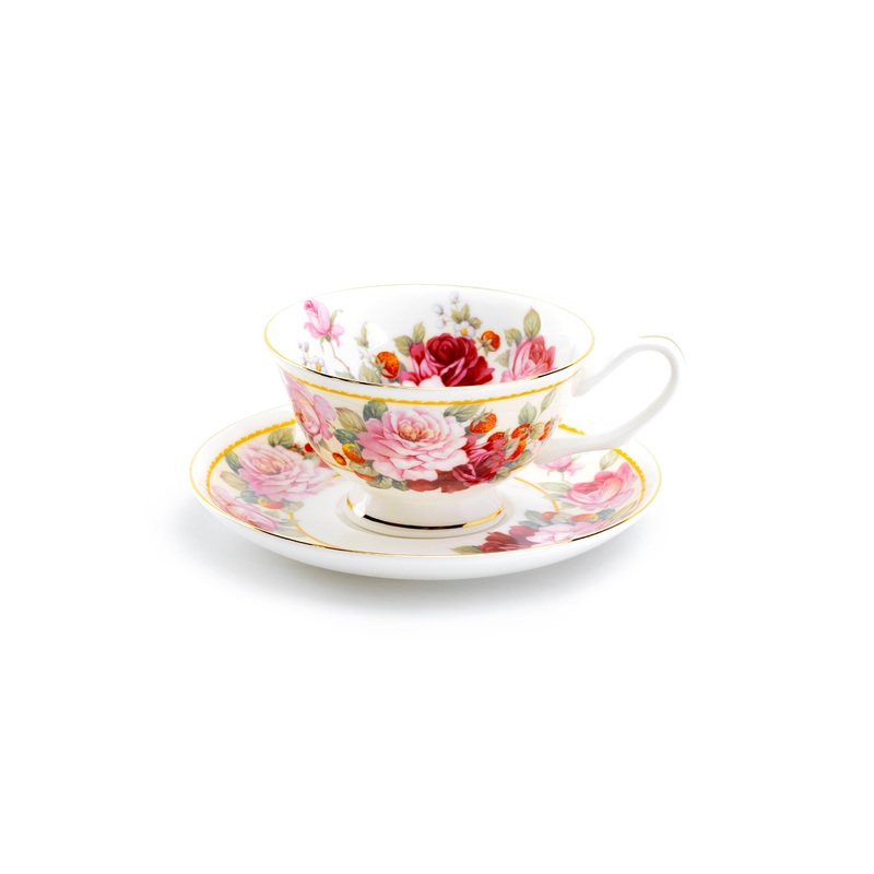 Peony and Strawberry Cream Bone China Tea Cup and Saucer