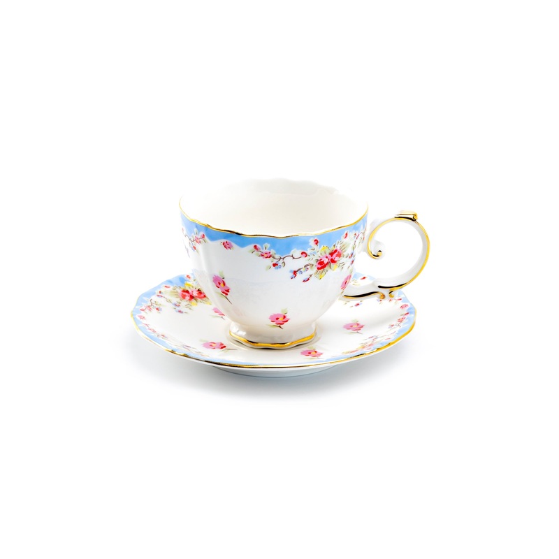 Rose with Blue Accent Fine Porcelain Tea Cup and Saucer