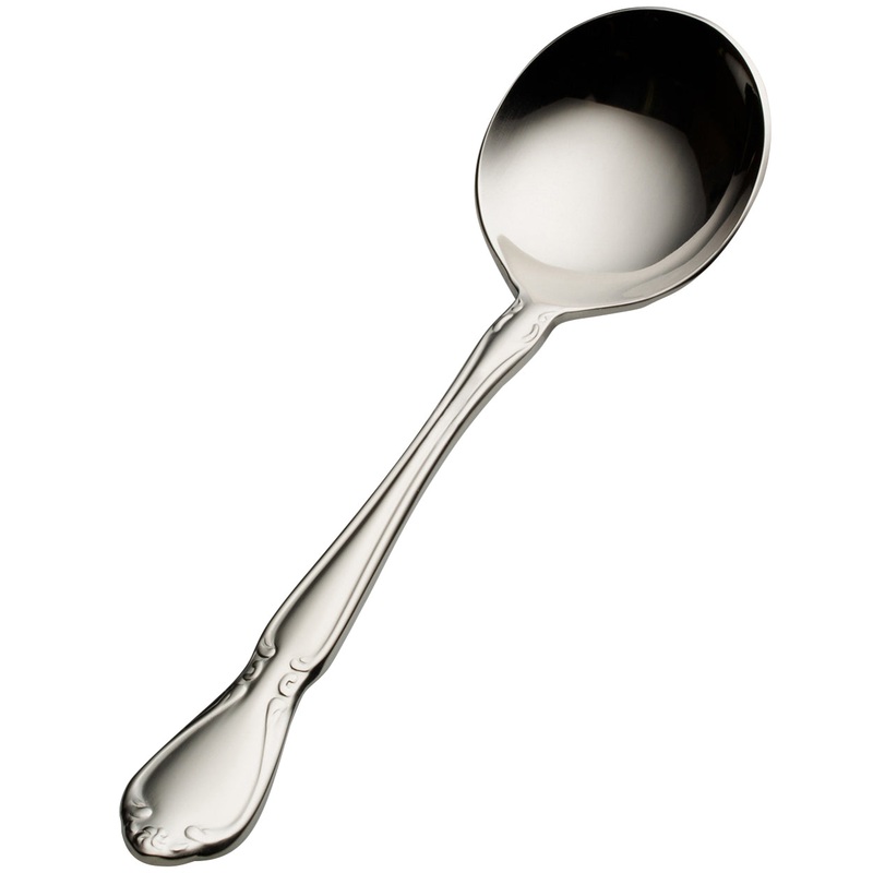 Bon Chef S1801 Queen Anne 6 1/4″ 18/10 Stainless Steel Bouillon Spoon – 12/Pack