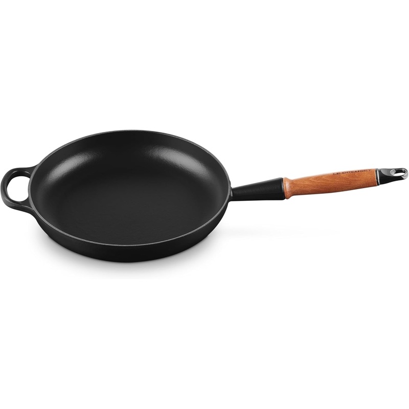 Le Creuset 10 1/4″ Signature Round Enameled Cast Iron Alphine Wood Handle Fry Pan – Licorice