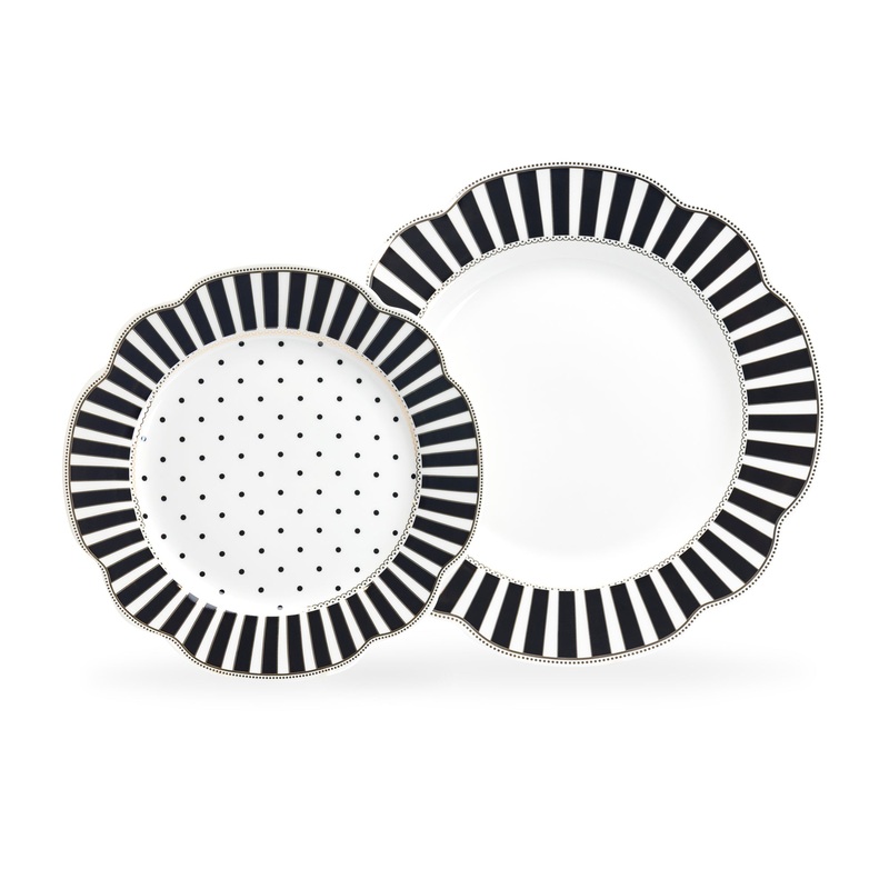 Black Josephine Stripes and Dots Fine Porcelain Dessert/Dinner Plate