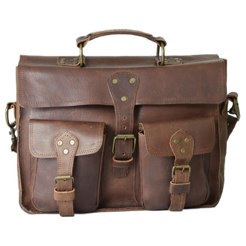 Brown Leather Briefcase by World Orphans – Chocolate Pullup Leather