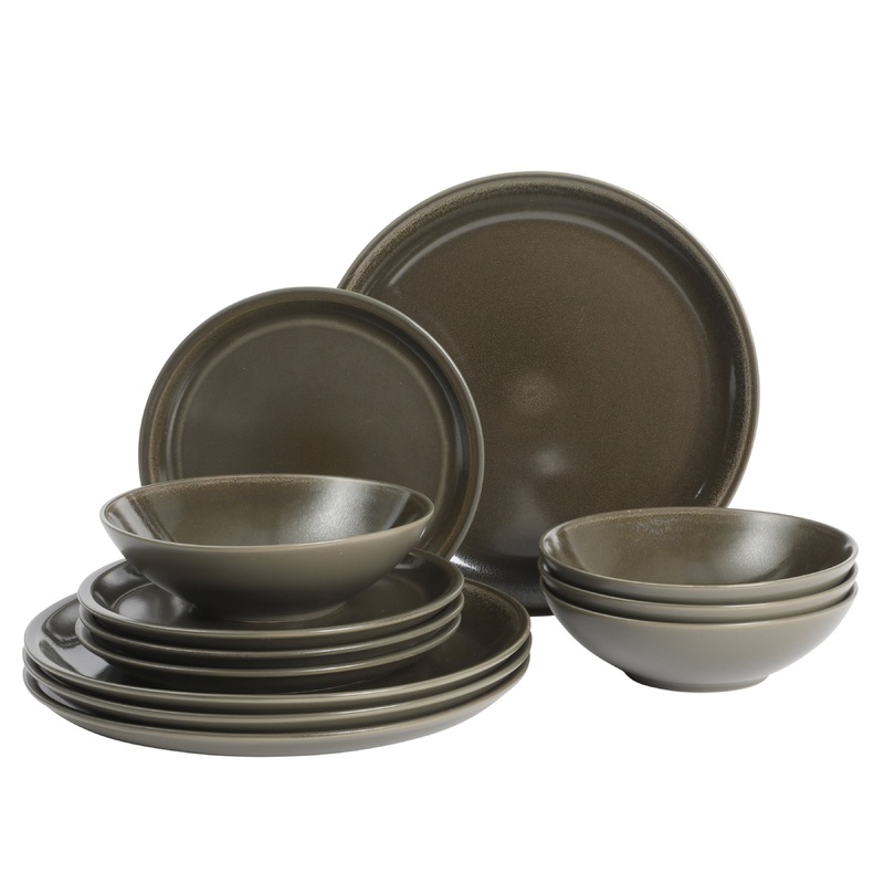 Gibson Elite 12 Piece (Service for 4) Lakecrest Plates and Bowls Reactive Glaze Round Dishes Stoneware Ceramic Dinnerware Set – Dark Green