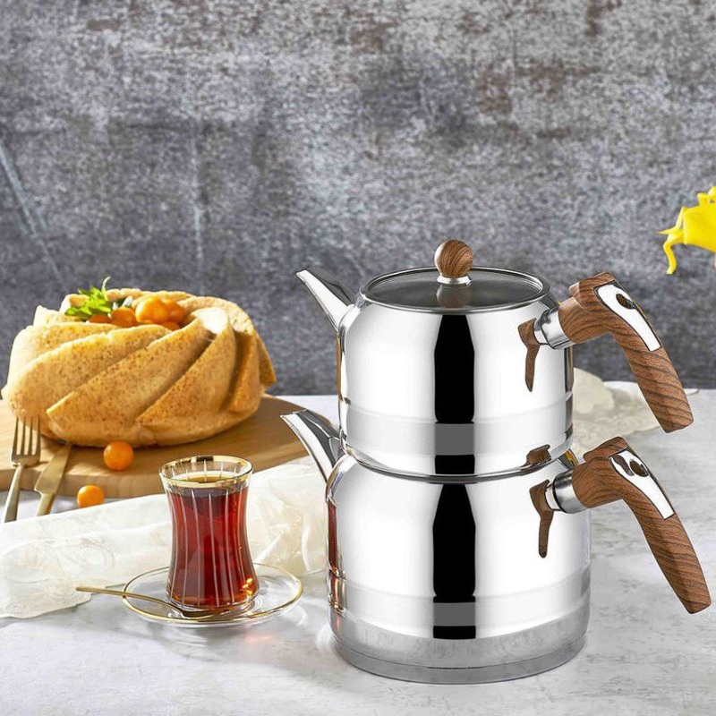 Kahramanlar Yagmur Stainless Steel Turkish Teapot Set with Wooden Handles for Stovetop