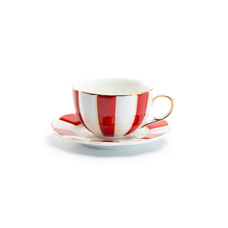 Red and White Scallop Fine Porcelain Tea Cup and Saucer