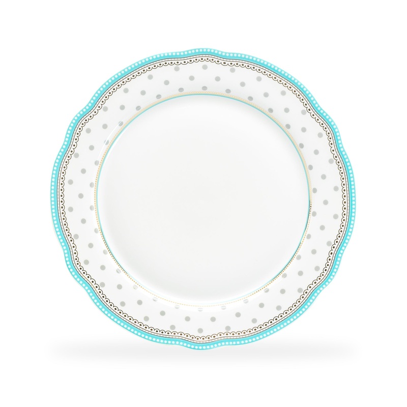 11″ Turquoise Josephine Grey Dots Fine Porcelain Dinner Plate