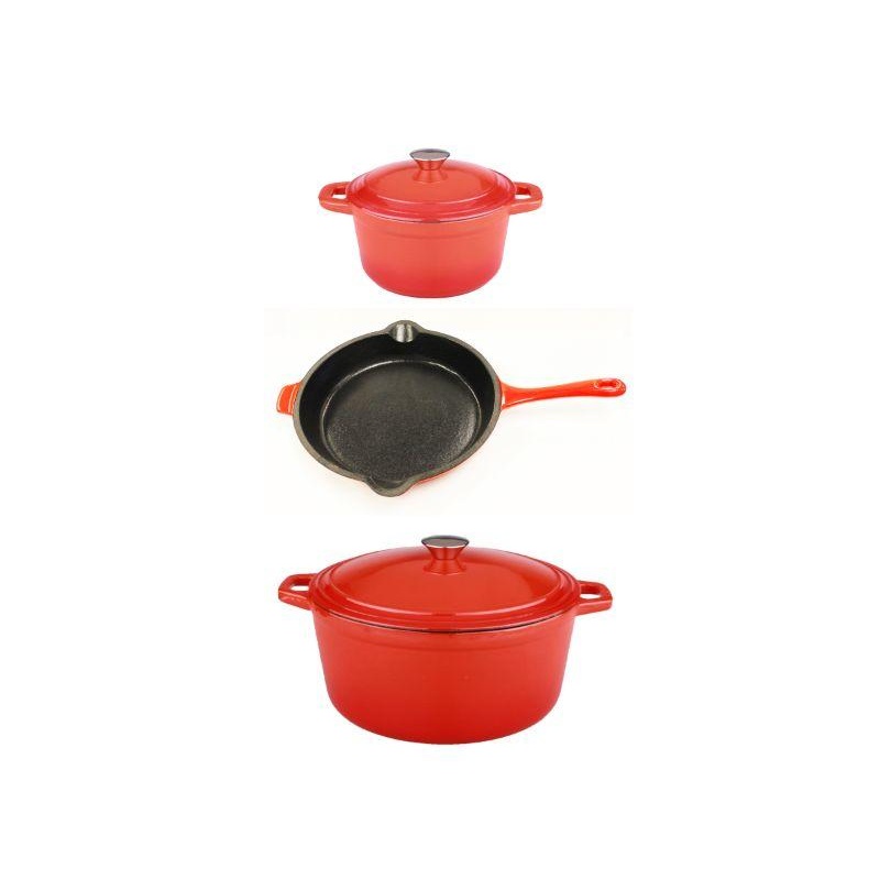 BergHOFF Neo 5pc Cast Iron Dutch Oven Set with 10″ Fry Pan, 3qt. & 5qt., Orange
