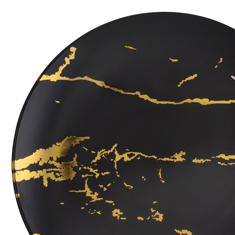 Black with Gold Marble Stroke Round Disposable Plastic Dinner Plates (10.25″)