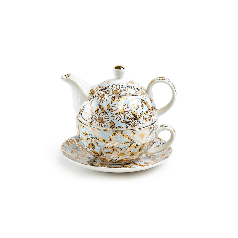 Blue & Gold Daisy Fine Porcelain Tea For One Set with Pink Gift Box