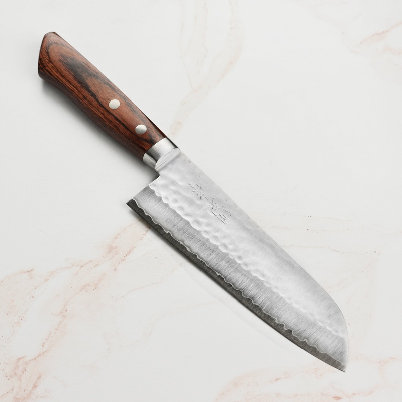 Masutani VG1 Hammered 6.7″ Santoku, Brown Handle