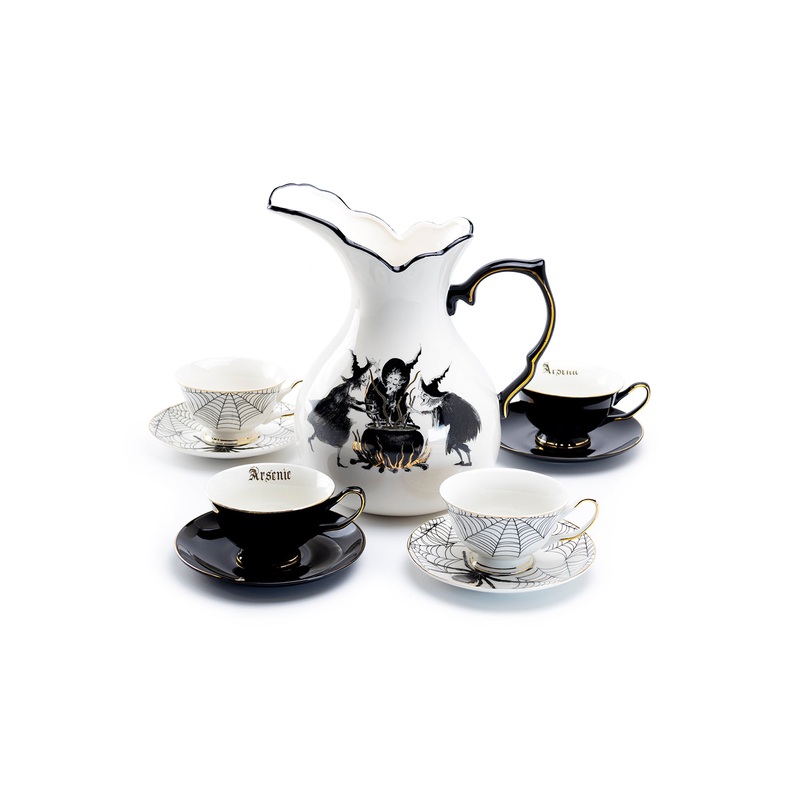 Witches Brew Pitcher + 4 Assorted Halloween Tea Cup and Saucer Sets – Arsenic Skull & Spider