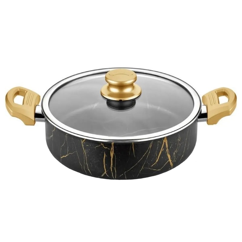 Cem Gold Marble Design Low Pot with Glass Lid
