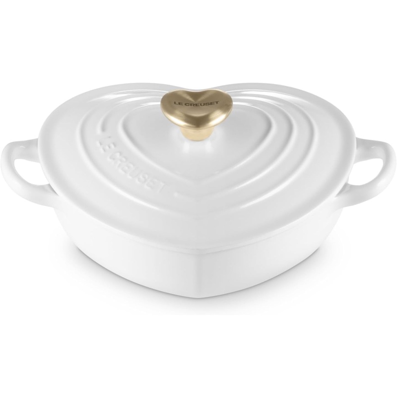Le Creuset 1 1/4 Qt. Shallow Heart Cocotte w/Light Gold Heart Knob – White