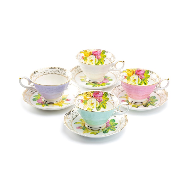Rose Bouquet Assorted Colors Fine Porcelain Tea Cup and Saucer Set of 4