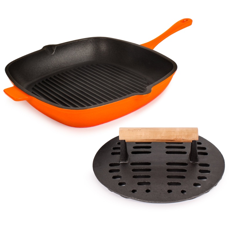 BergHOFF Neo 2pc Cast Iron 11″ Grill Pan with Slotted Steak Press, Orange