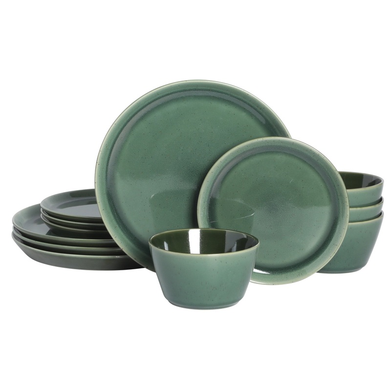 Gibson Elite 12 Piece (Service for 4) Fern Canyon Plates and Bowls Reactive Glaze Modern Coupe Round Dishes Stoneware Ceramic Dinnerware Set – Glossy Green