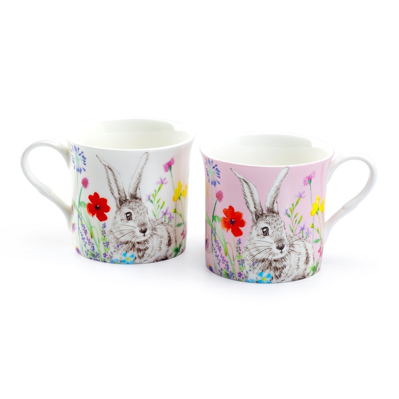 Pink & White Flower Bunny Bone China Assorted Mugs