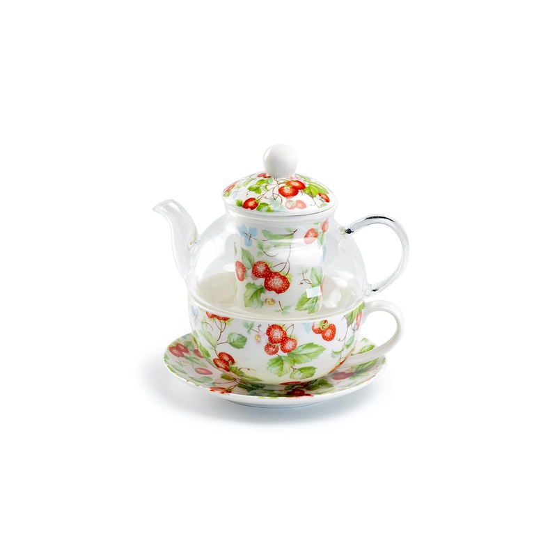 Strawberry Glass and Fine Porcelain Tea For One Set