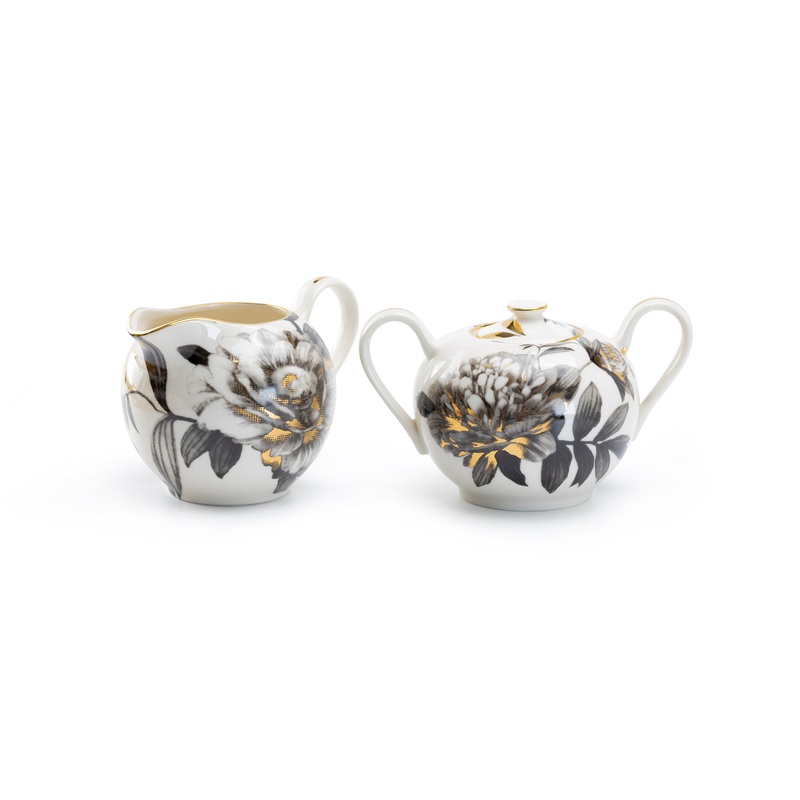 Black Gold Peony Fine Porcelain Sugar & Creamer Set