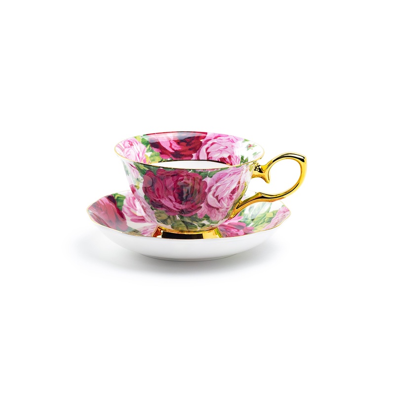 Rose Bloom Gold Bone China Tea Cup and Saucer