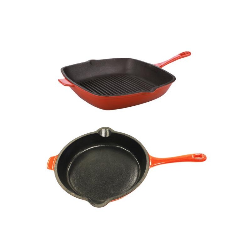 BergHOFF Neo 2pc Cast Iron 10″ Fry Pan & 11″ Grill Pan Cookware Set, Orange