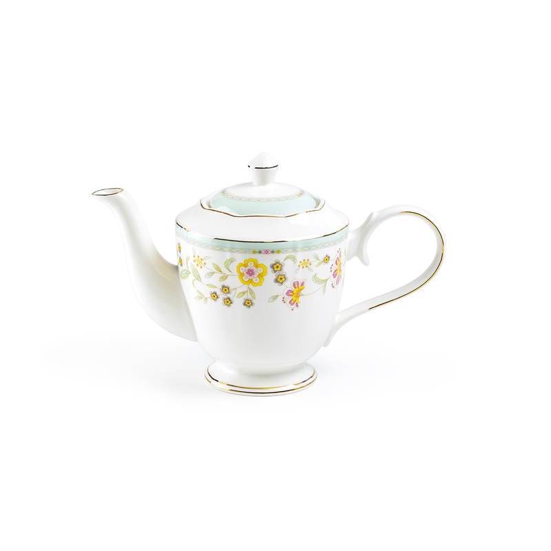 Yellow Corn Flowers with Mint Rim Fine Porcelain Teapot