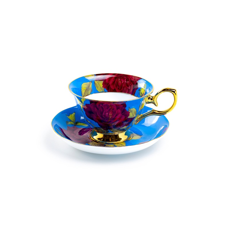 Gold Blue Stem Rose Bone China Tea Cup and Saucer
