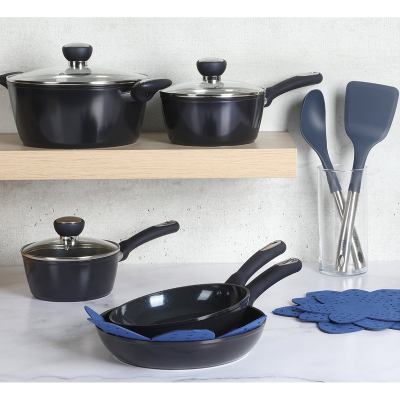 Oster Hawke 14 Piece Aluminum Premium PFA Free Ceramic Nonstick Blue Saphirre Pots and Pans Cookware Set W/ Induction Base