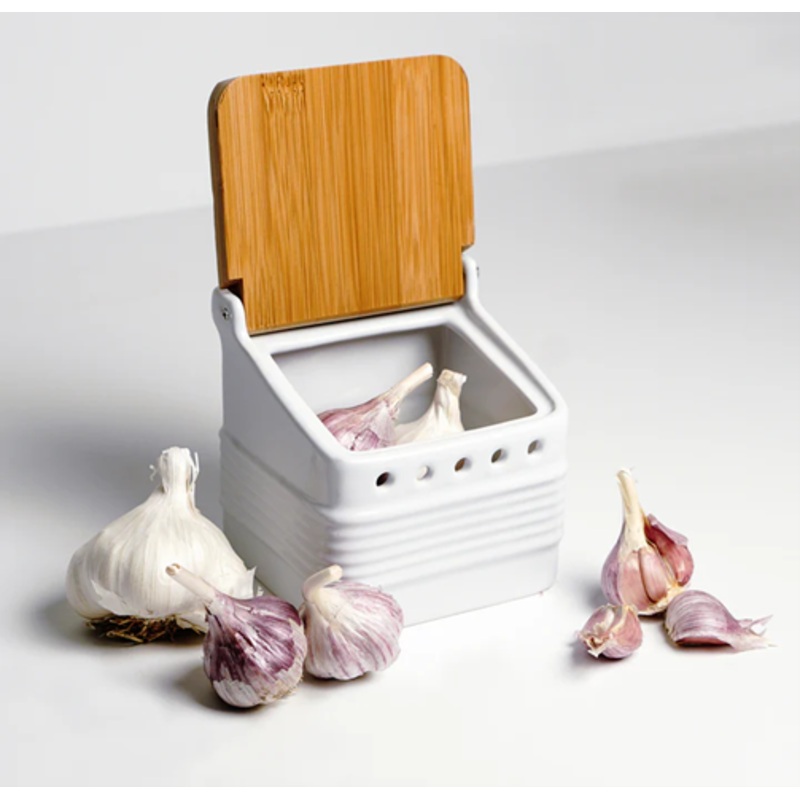 White Stoneware Garlic Keeper with Bamboo Lid